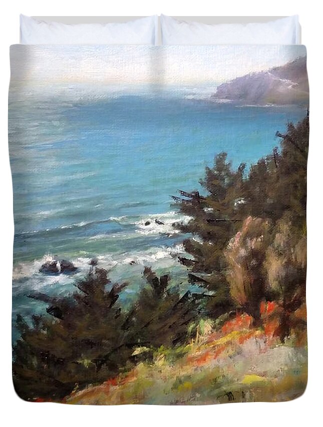 Landscape Duvet Cover featuring the painting Sea and Pines near Ragged Point, California by Peter Salwen