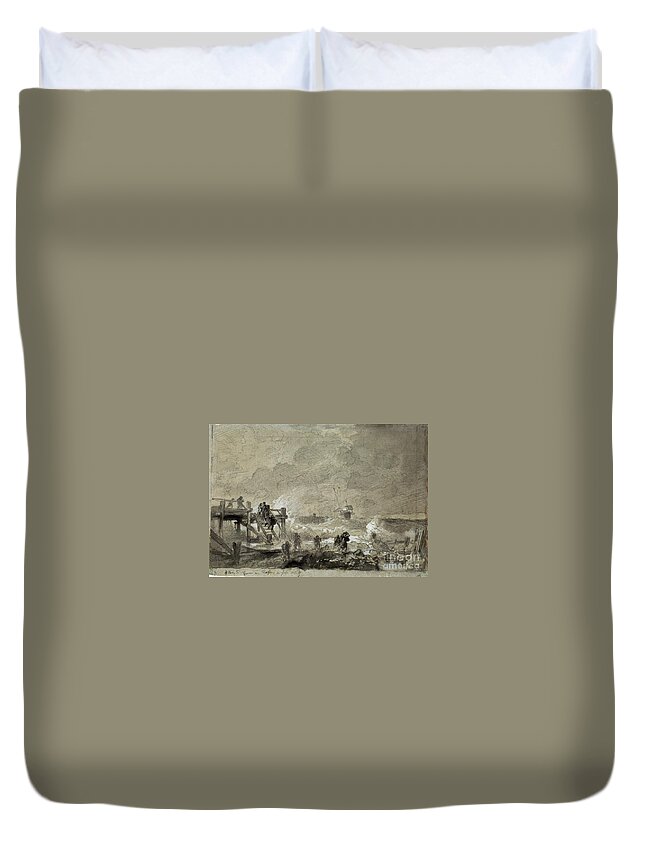 Andreas Achenbach Duvet Cover featuring the painting Sea Landscape With Footbridge by MotionAge Designs