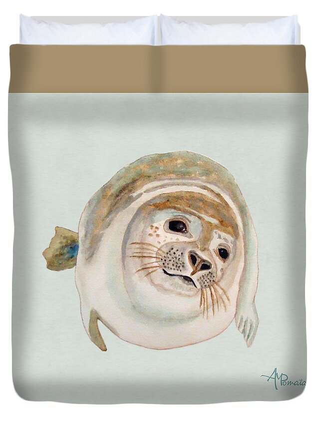Sea Lion Duvet Cover featuring the painting Sea Lion Watercolor by Angeles M Pomata