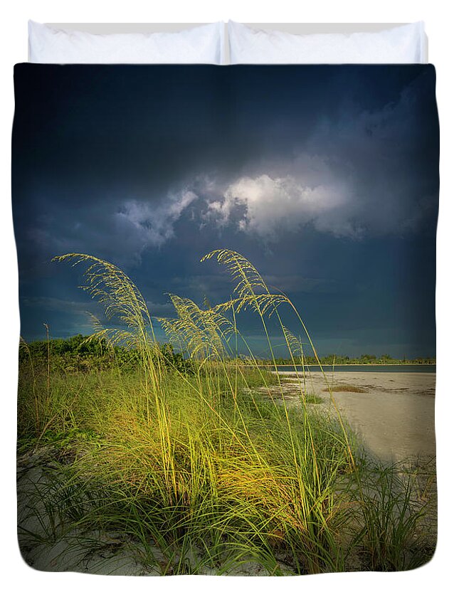 Beach Duvet Cover featuring the photograph Sea Oats In The Storm by Marvin Spates