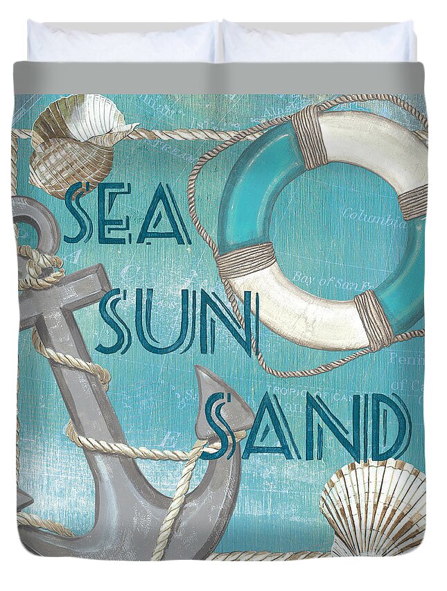 Sun Duvet Cover featuring the painting Sea Sun Sand by Debbie DeWitt