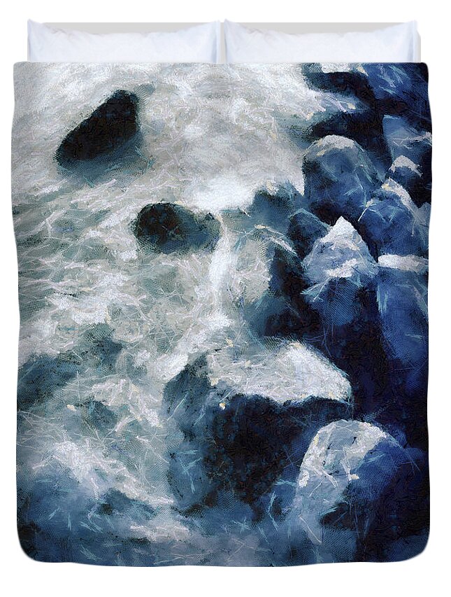 Seascape Duvet Cover featuring the painting Sea sunset seascape with wet rocks by Dimitar Hristov