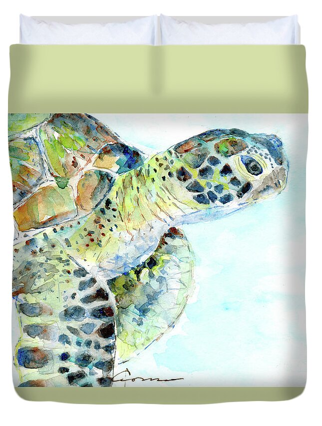  Duvet Cover featuring the painting Sea Turtle 11 - 10x6.5 by Claudia Hafner