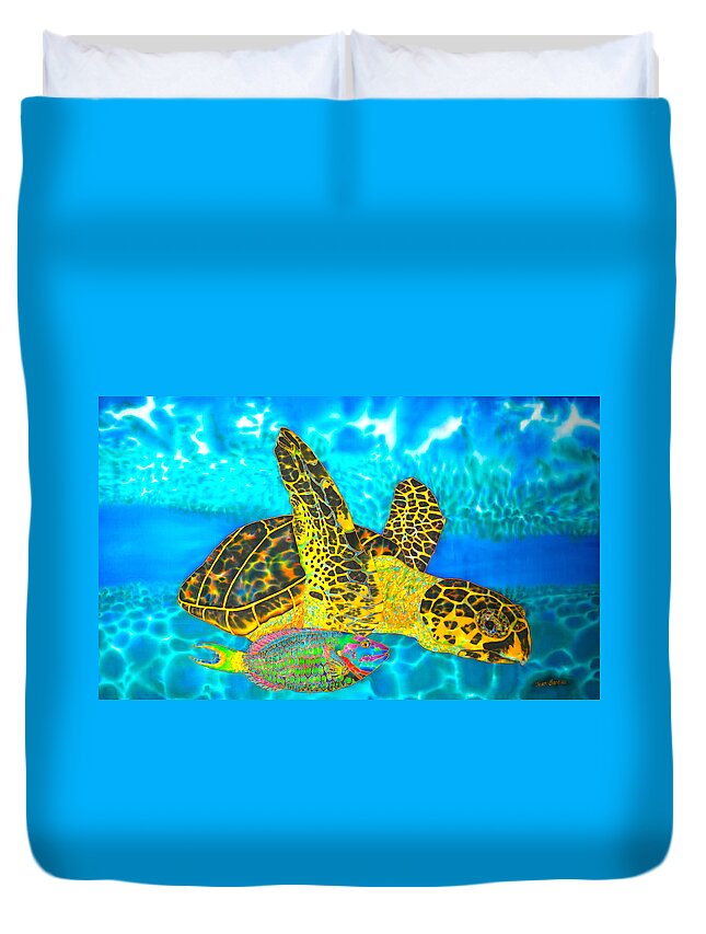 Turtle Duvet Cover featuring the painting Sea Turtle and Parrotfish by Daniel Jean-Baptiste