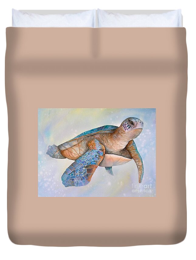 Sea Turtle Duvet Cover featuring the painting Sea Turtle- Twilight Swim by Midge Pippel