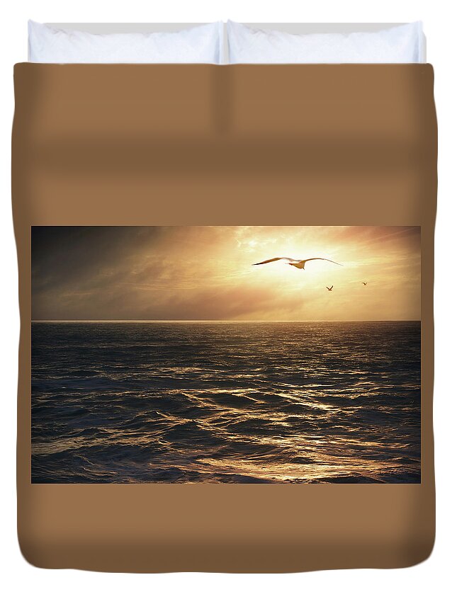 Animal Duvet Cover featuring the photograph Seagulls into the Sun by Carlos Caetano