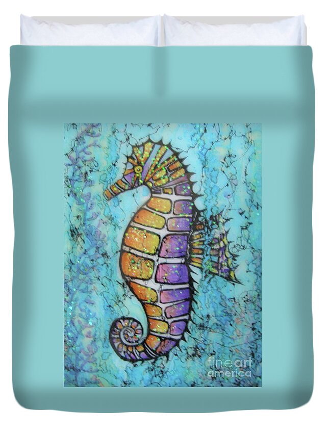 Turquoise Duvet Cover featuring the painting Seahorse Downunder by Midge Pippel