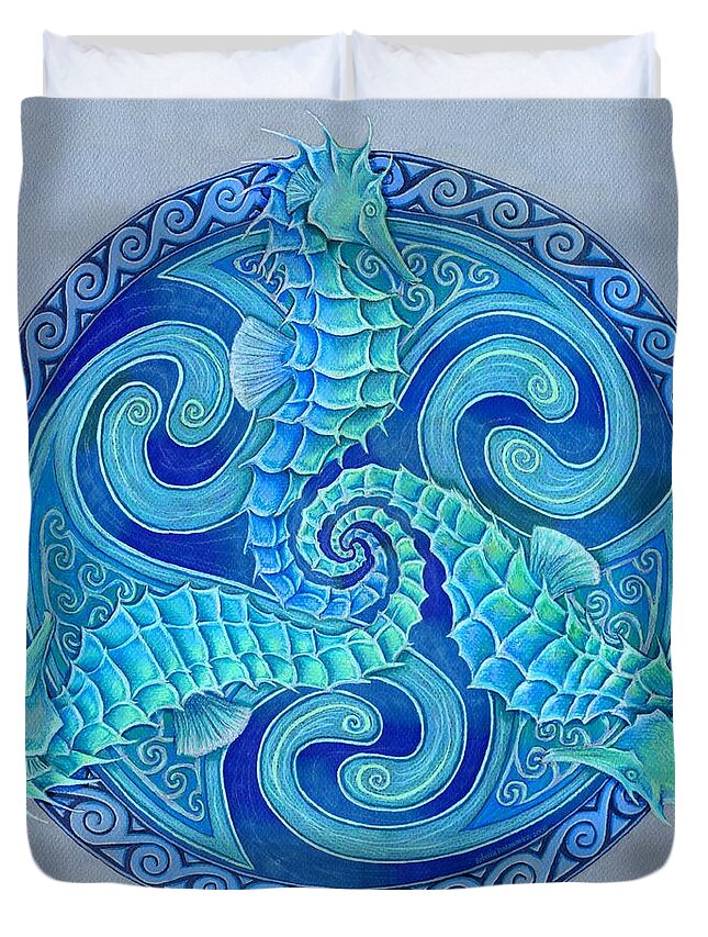 Seahorse Duvet Cover featuring the drawing Seahorse Triskele by Rebecca Wang