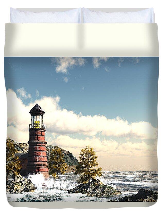 Lighthouse Seaside Dream With Crashing Waves On Rocks Duvet Cover featuring the digital art Lighthouse seaside dream by John Junek