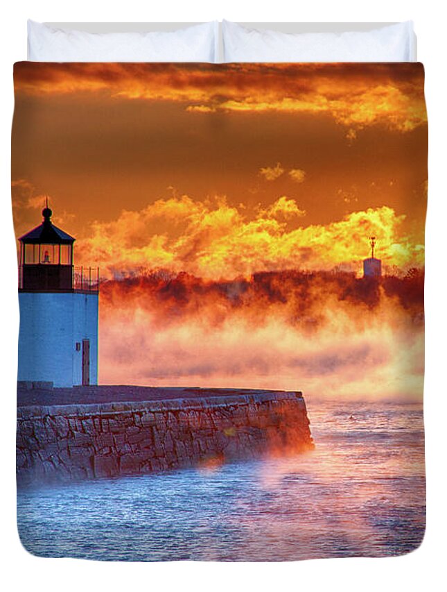 Derby Wharf Salem Duvet Cover featuring the photograph Seasmoke at Salem Lighthouse by Jeff Folger
