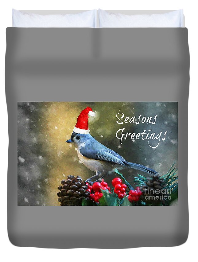 Christmas Card Duvet Cover featuring the mixed media Seasons Greetings Titmouse by Tina LeCour