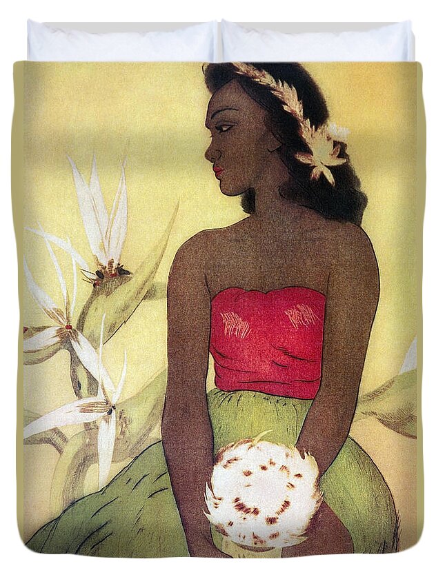 1940 Duvet Cover featuring the painting Seated Hula Dancer by Hawaiian Legacy Archives - Printscapes
