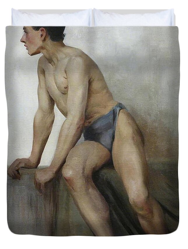 English Duvet Cover featuring the painting Seated Male Study by Henry Scott Tuke'