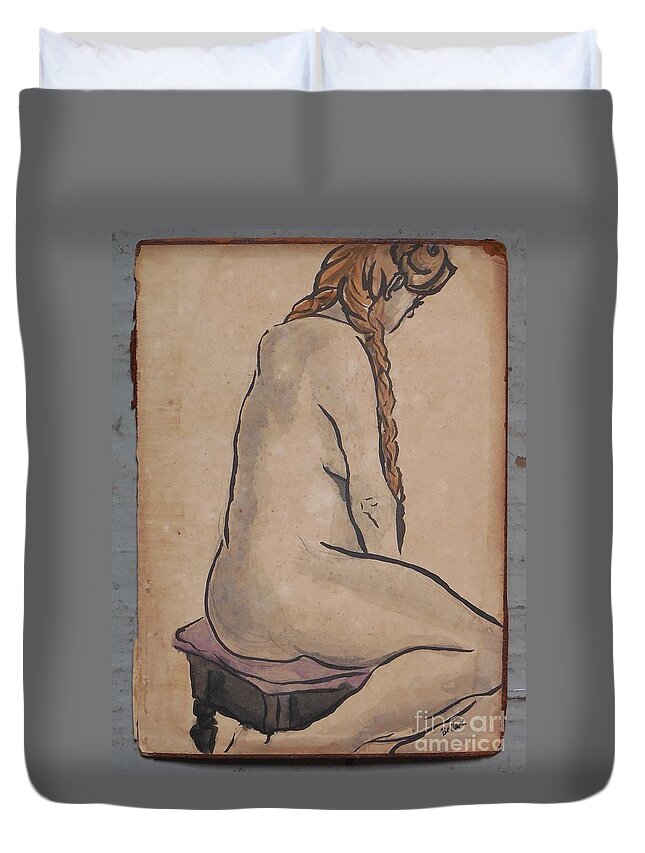 Sumi Ink Duvet Cover featuring the drawing Seated with braids. by M Bellavia