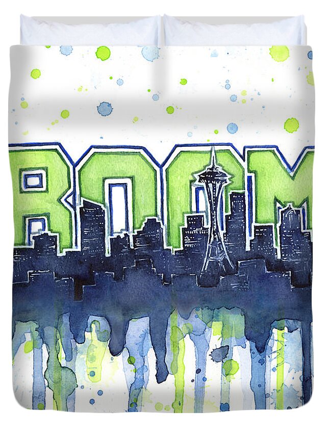 Seattle Duvet Cover featuring the painting Seattle 12th Man Legion of Boom Watercolor by Olga Shvartsur