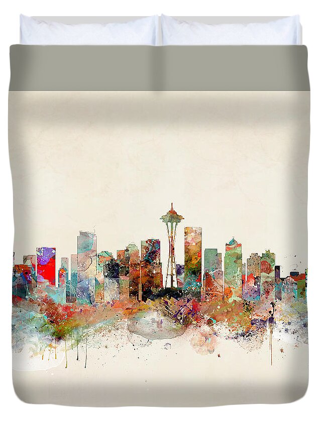 Seattle City Duvet Cover featuring the painting Seattle City Skyline by Bri Buckley