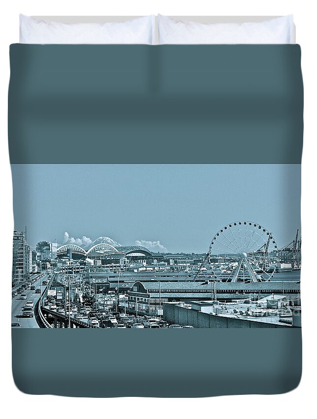 Seattle Duvet Cover featuring the photograph Seattle Cyan by Linda Bianic