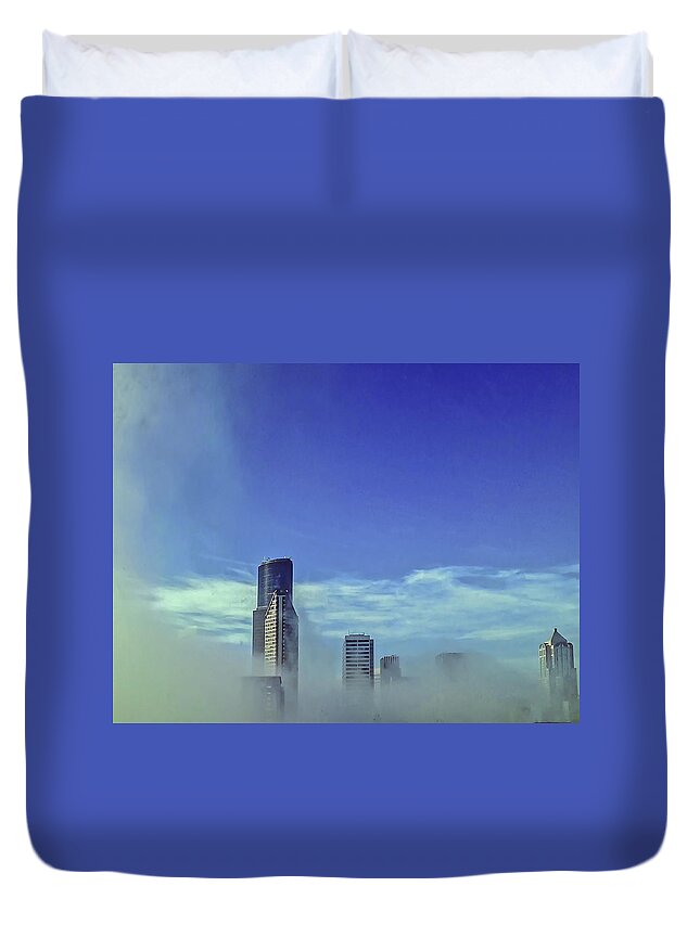 Blue Duvet Cover featuring the photograph Seattle Fog Scape by Kathryn Alexander MA