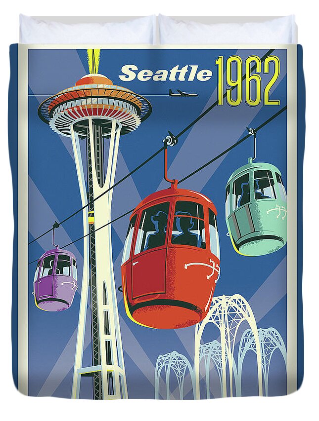Vintage Duvet Cover featuring the digital art Seattle Poster- Space Needle Vintage Style by Jim Zahniser