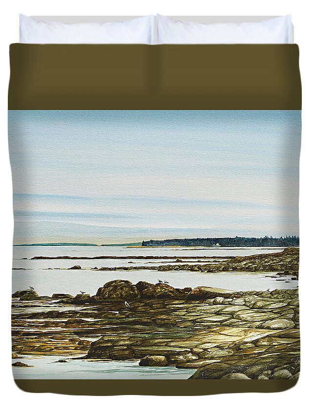 Sea Gulls Duvet Cover featuring the painting Seawall Mt. Desert Island by Paul Gaj