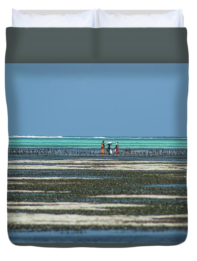  Duvet Cover featuring the photograph Seaweed colectors by Mache Del Campo