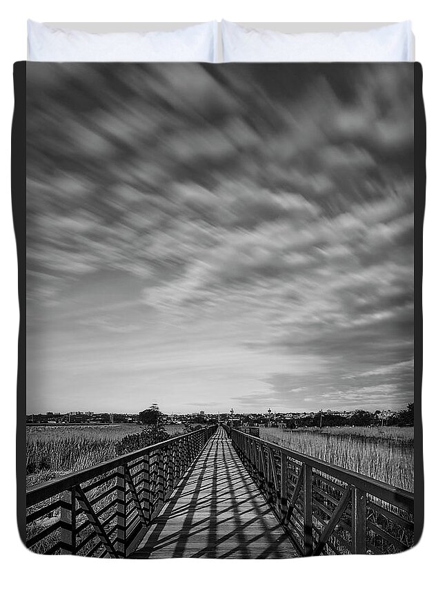Secaucus Duvet Cover featuring the photograph Secaucus Greenway Trail NJ BW by Susan Candelario