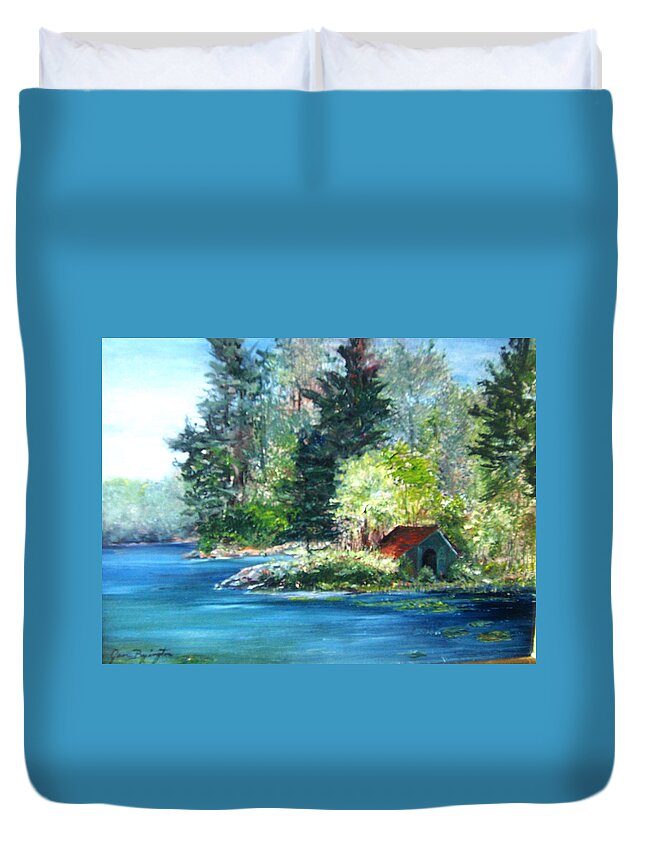 Millsite Lake Duvet Cover featuring the painting Secluded Boathouse-Millsite Lake by Jan Byington