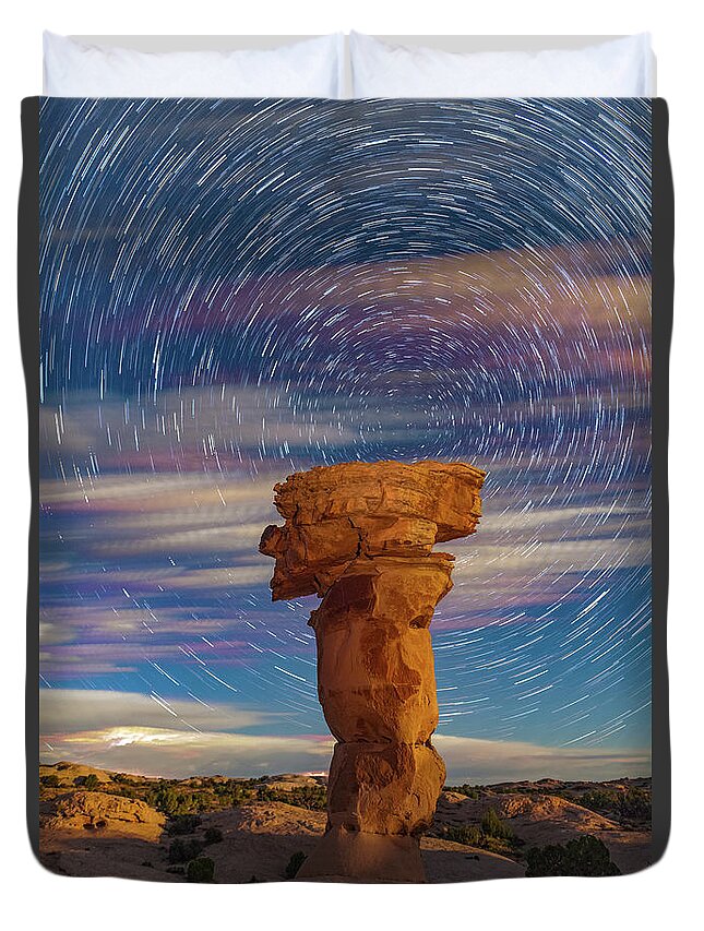 Moab Duvet Cover featuring the photograph Secret Spire and Star Trails by Dan Norris