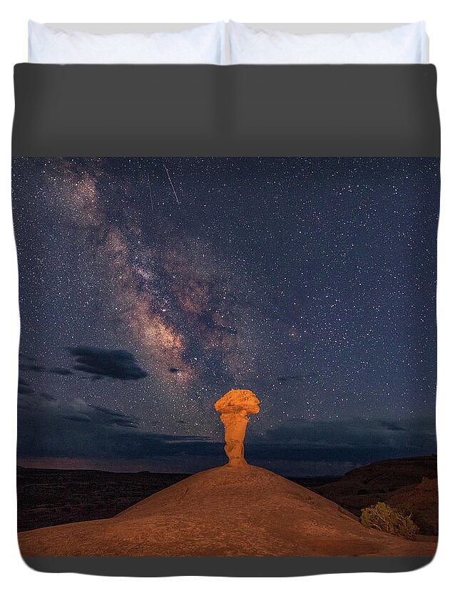 Moab Duvet Cover featuring the photograph Secret Spire and The Milky Way Horizontal by Dan Norris