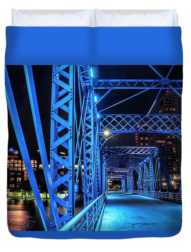 Bridge Duvet Cover featuring the photograph Section of the The Blue Walking Bridge at Night by Randall Nyhof