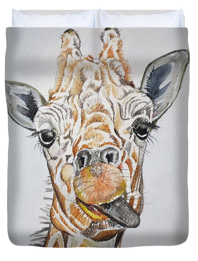 Giraffe Duvet Cover featuring the painting See my tongue by Teresa Smith