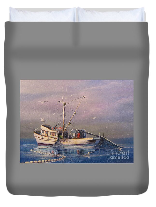 Seascape Duvet Cover featuring the painting Seiner Fishing Salmon by Wayne Enslow