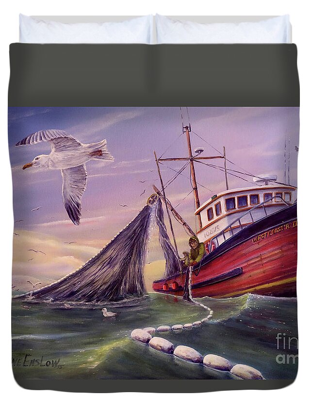 Fishing Boat Duvet Cover featuring the painting Seiner Hauling by Wayne Enslow