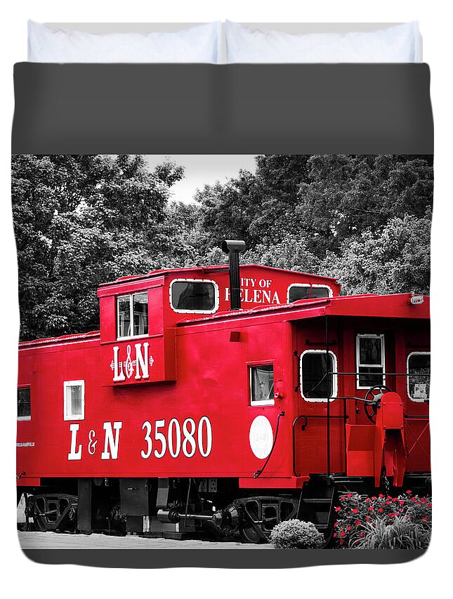 Helena Duvet Cover featuring the photograph Selective Color Red Caboose by Parker Cunningham