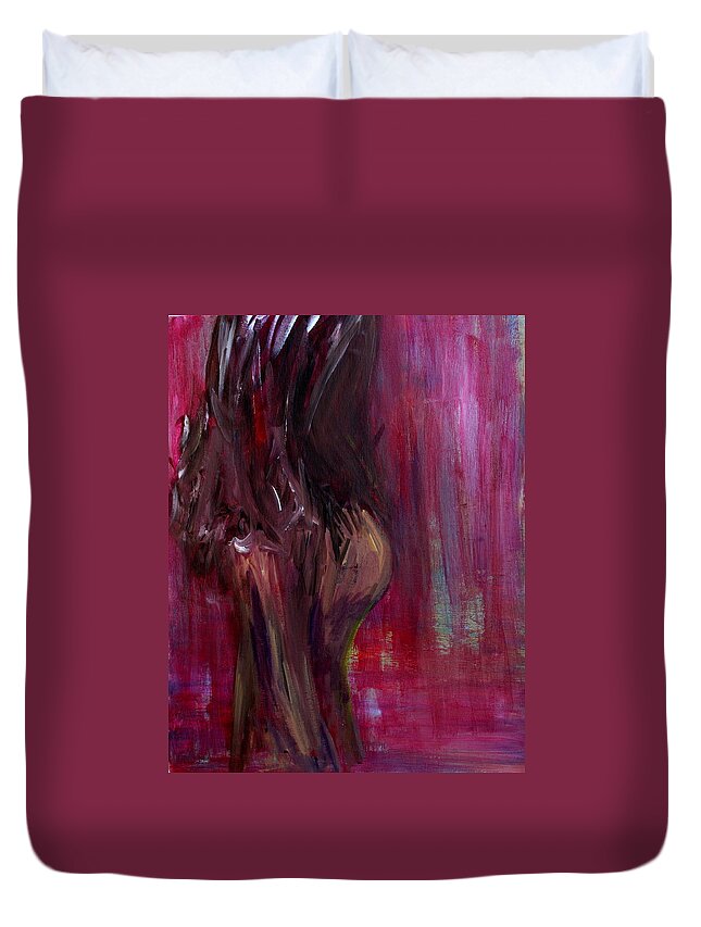 Self Portrait Duvet Cover featuring the painting Self Portrait-1 in pink by Julie Lueders 