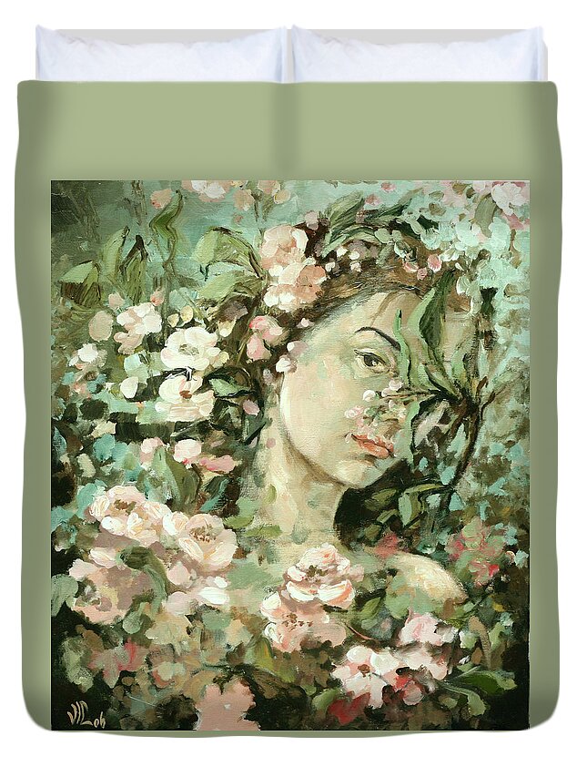 Portrait Duvet Cover featuring the painting Self Portrait With Aplle Flowers by Vali Irina Ciobanu