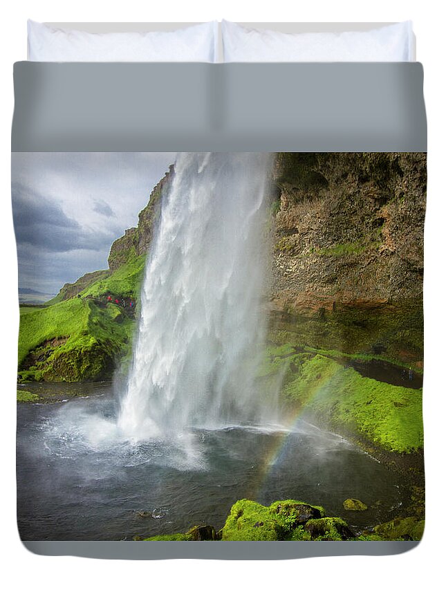 Seljalandsfoss Duvet Cover featuring the photograph Seljalandsfoss Waterfall with Rainbow, Iceland by Venetia Featherstone-Witty