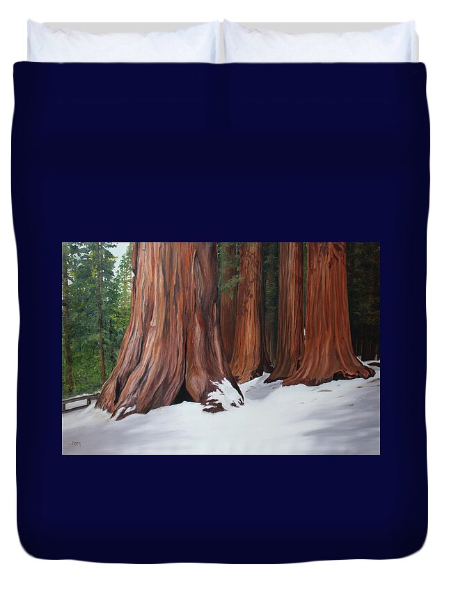 Snow Duvet Cover featuring the painting Sequoias by Marg Wolf