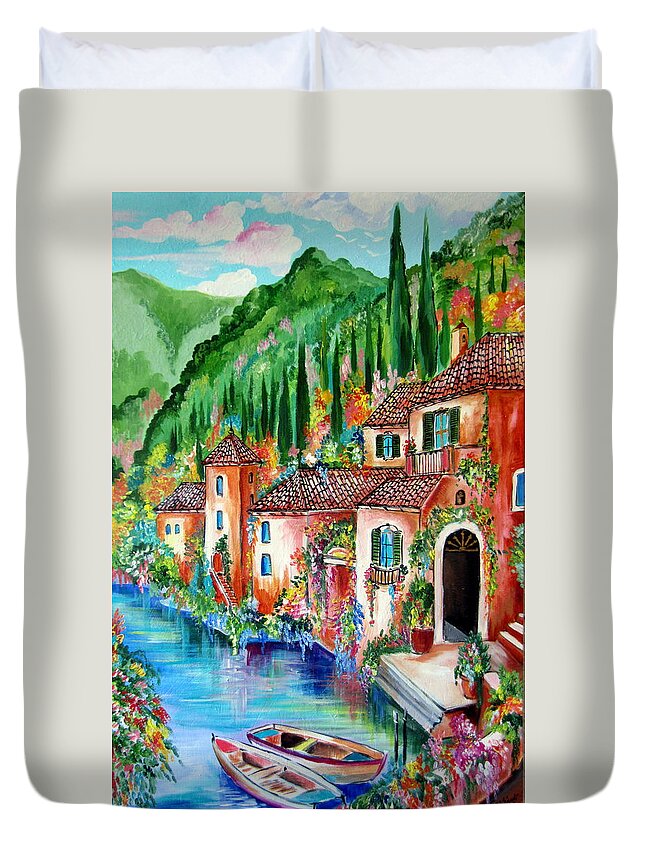 Village Duvet Cover featuring the painting Serenity by the lake by Roberto Gagliardi