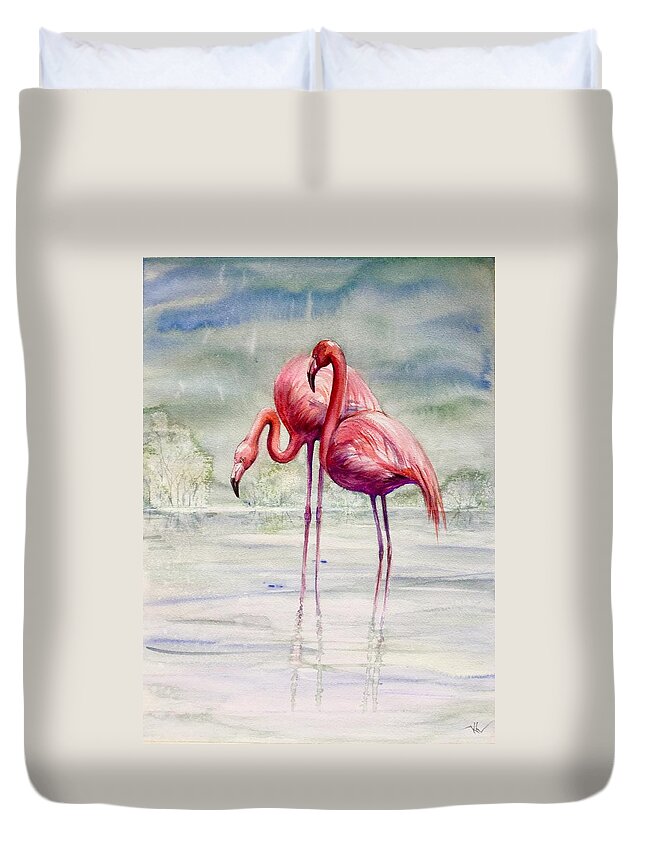 Flamingoes Duvet Cover featuring the painting Serenity by Katerina Kovatcheva