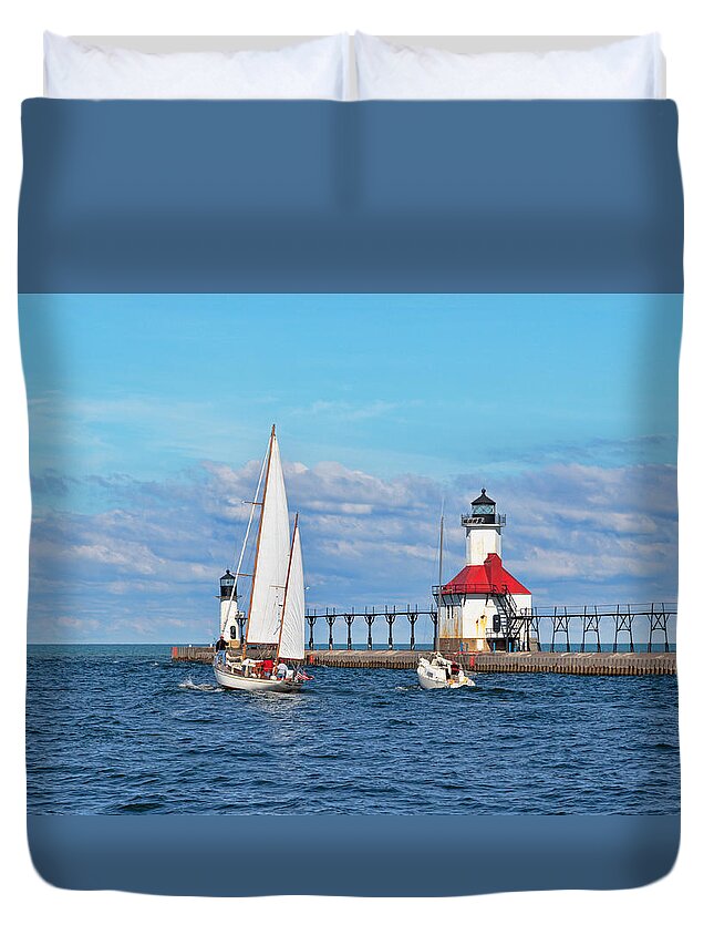 Lighthouse Duvet Cover featuring the photograph Set Sail by Susan Rissi Tregoning
