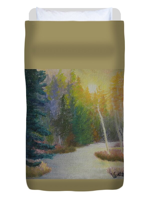 Landscape Sun River Water Trees Grasses Duvet Cover featuring the painting Setting Sun by Scott W White