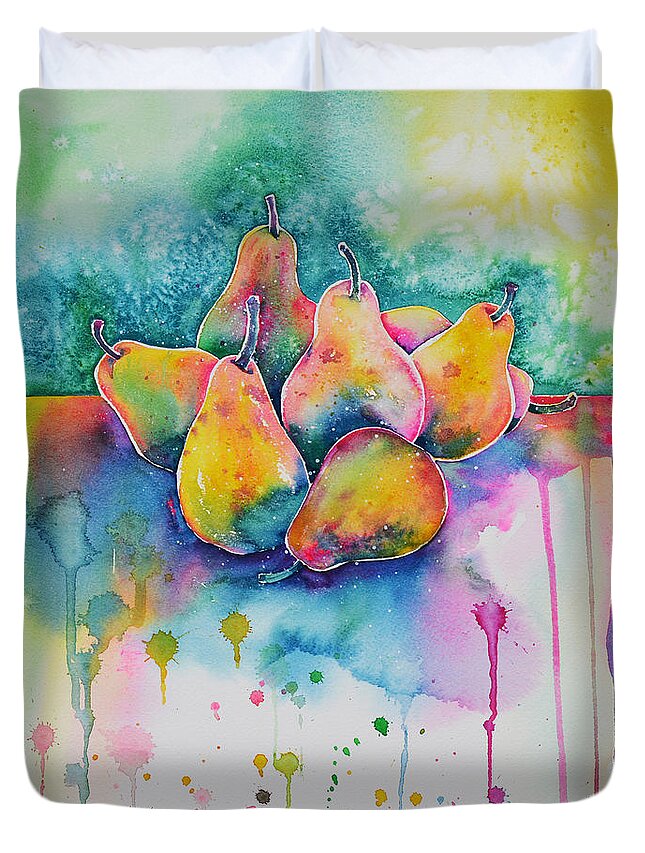 Pear Duvet Cover featuring the painting Seven Pears on the Table by Zaira Dzhaubaeva