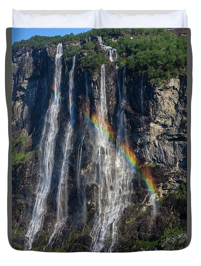 Seven Sisters Falls Duvet Cover featuring the photograph Seven sisters falls, Geiranger, Norway with rainbow by Sheila Smart Fine Art Photography