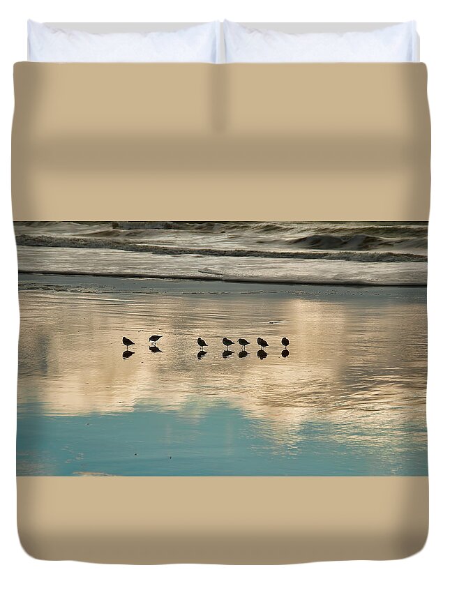 Birds Reflection Sand Ocean Waves Beach Duvet Cover featuring the photograph Seven by Wendell Ward