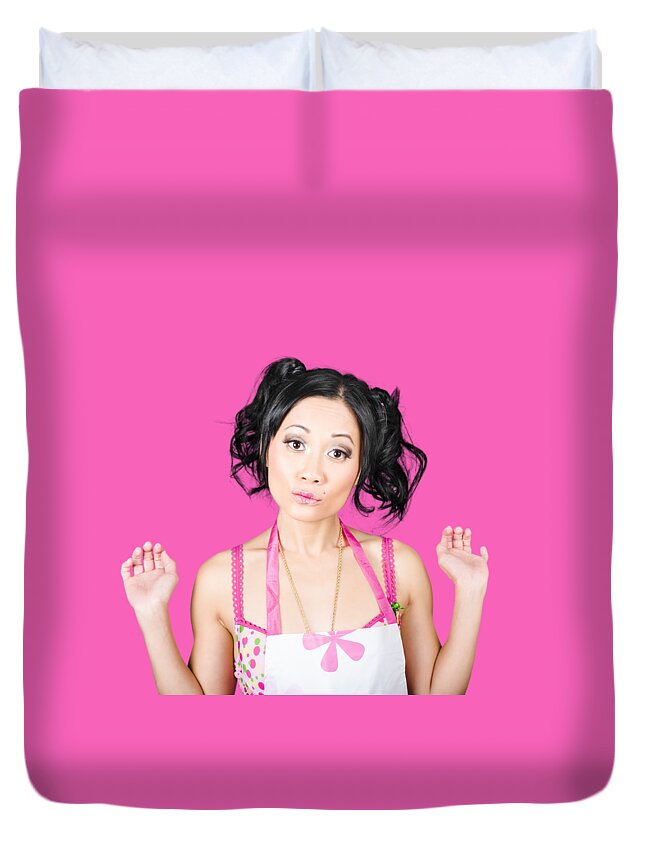 Girl Duvet Cover featuring the photograph Cute Asian pinup woman with surprised expression by Jorgo Photography