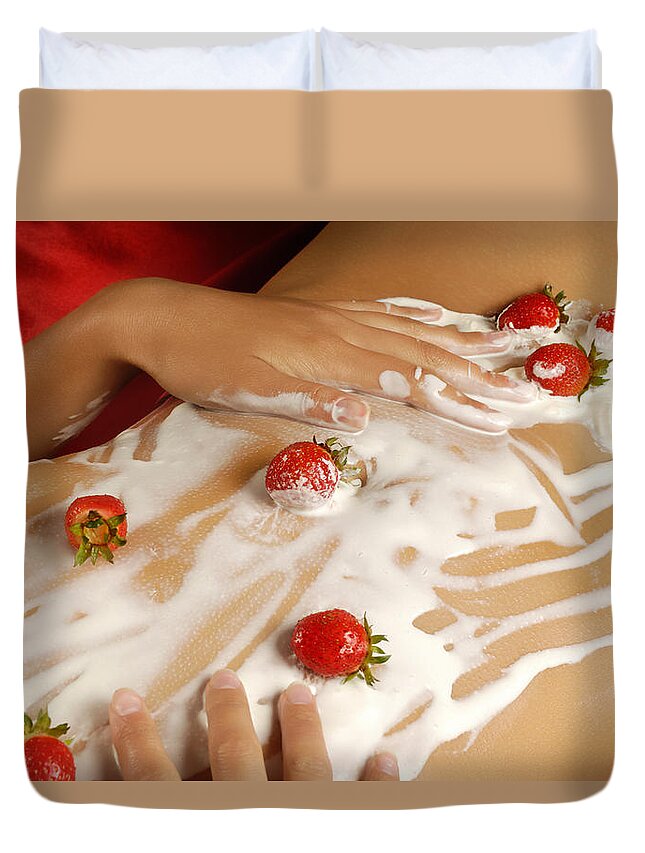 Woman Duvet Cover featuring the photograph Sexy Nude Woman Body Covered with Cream and Strawberries by Maxim Images Exquisite Prints