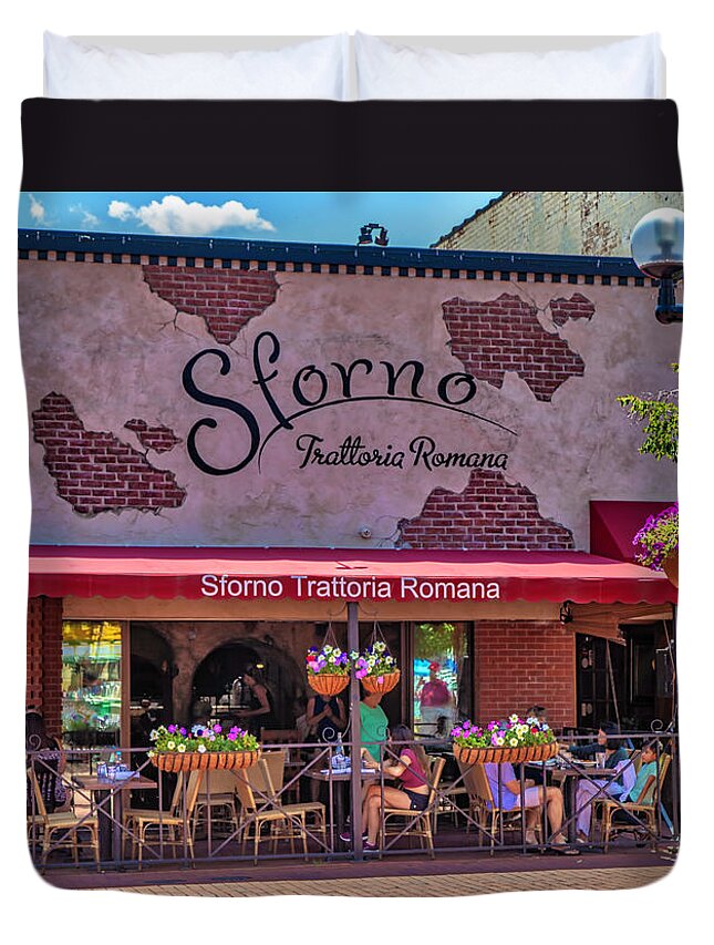 Pearl Street Duvet Cover featuring the photograph Sforno Trattoria Romana Front by Lorraine Baum