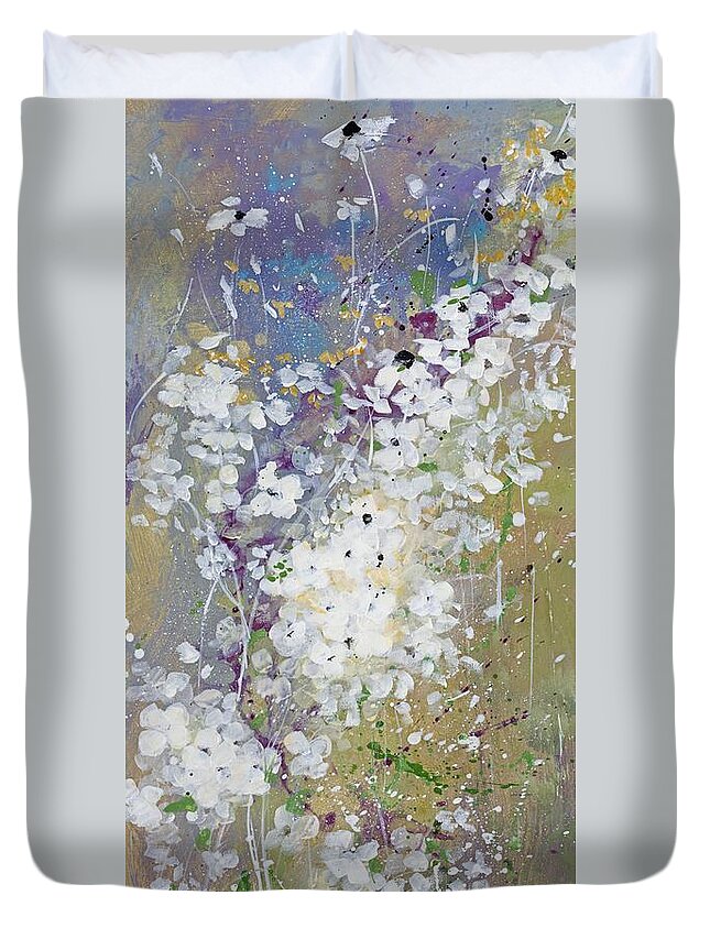 White Flowers Duvet Cover featuring the painting Shabby six by Laura Lee Zanghetti