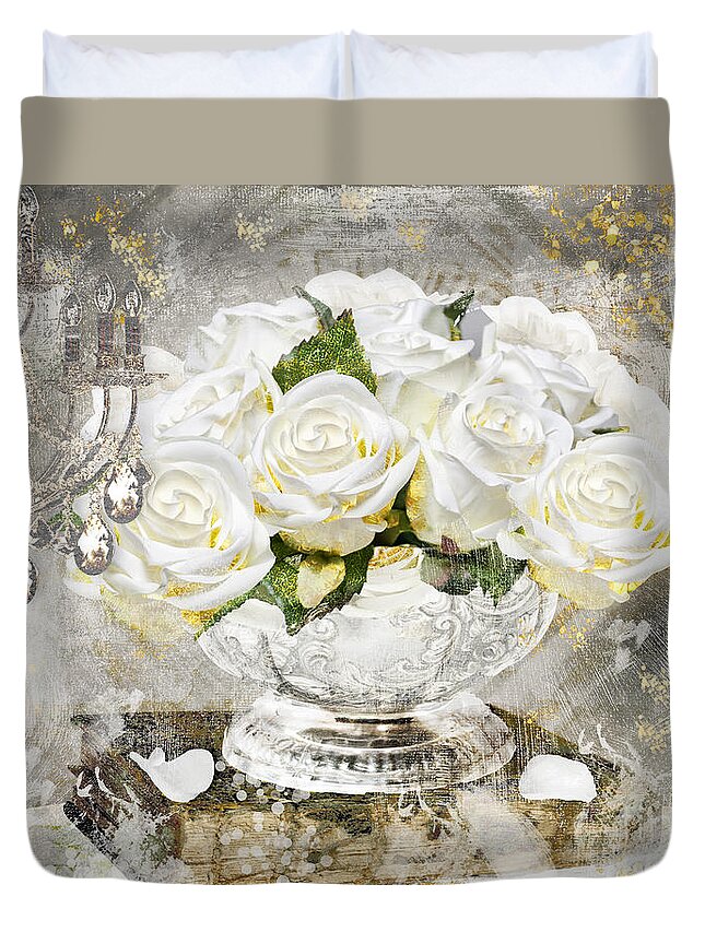 Shabby Roses Duvet Cover featuring the painting Shabby White Roses with Gold Glitter by Mindy Sommers